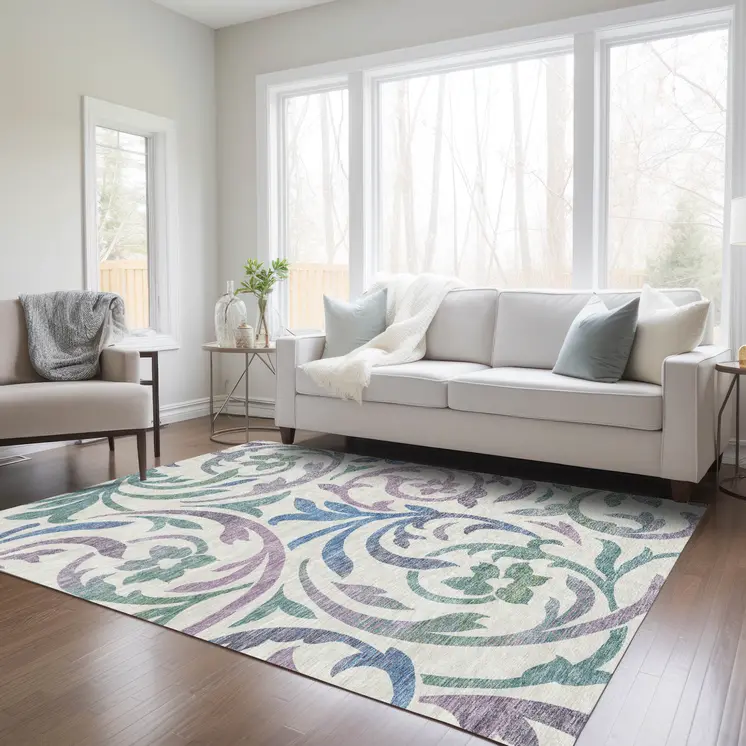 3' X 5' White Purple And Sage Floral Washable Indoor Outdoor Area Rug