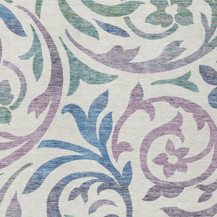 5' X 8' White Purple And Sage Floral Washable Indoor Outdoor Area Rug