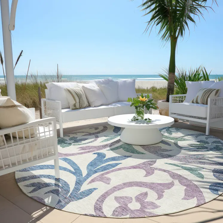 8' White Purple And Sage Round Floral Washable Indoor Outdoor Area Rug