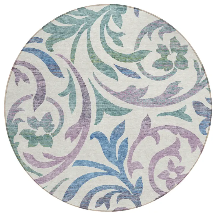 8' White Purple And Sage Round Floral Washable Indoor Outdoor Area Rug