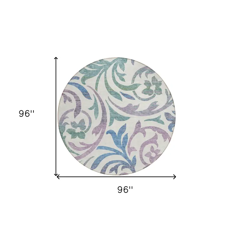 8' White Purple And Sage Round Floral Washable Indoor Outdoor Area Rug