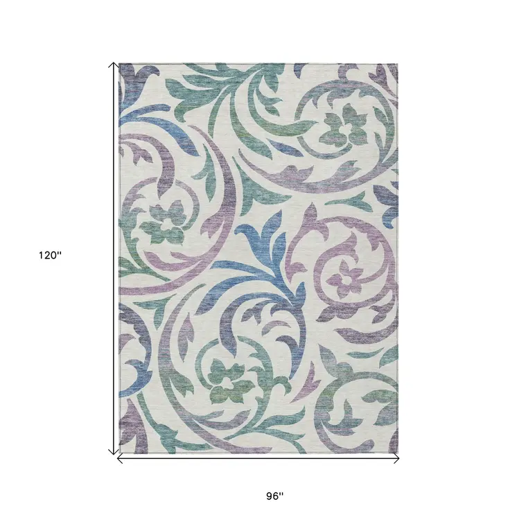 8' X 10' White Purple And Sage Floral Washable Indoor Outdoor Area Rug