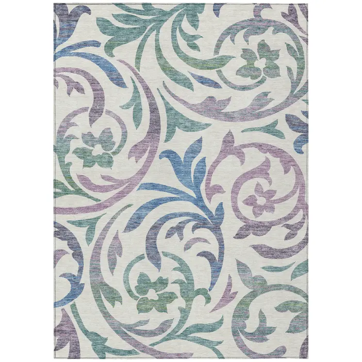 8' X 10' White Purple And Sage Floral Washable Indoor Outdoor Area Rug