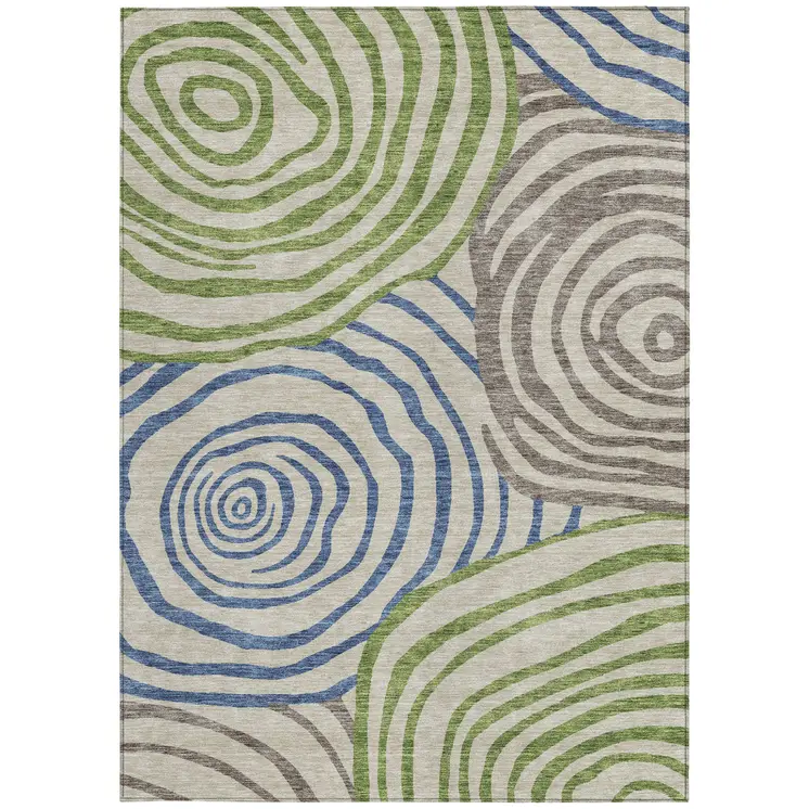 3' X 5' Beige Taupe And Green Abstract Washable Indoor Outdoor Area Rug