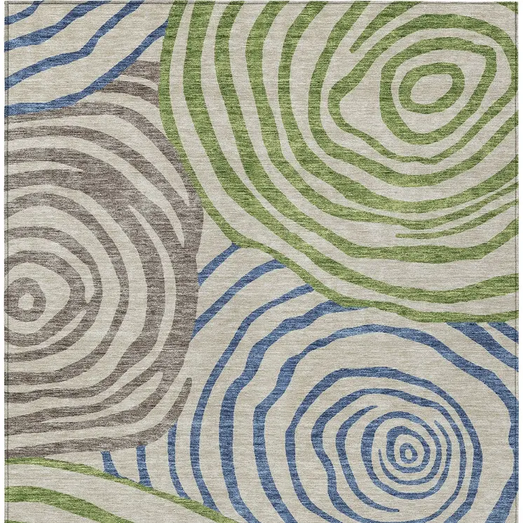 5' X 8' Beige Taupe And Green Abstract Washable Indoor Outdoor Area Rug