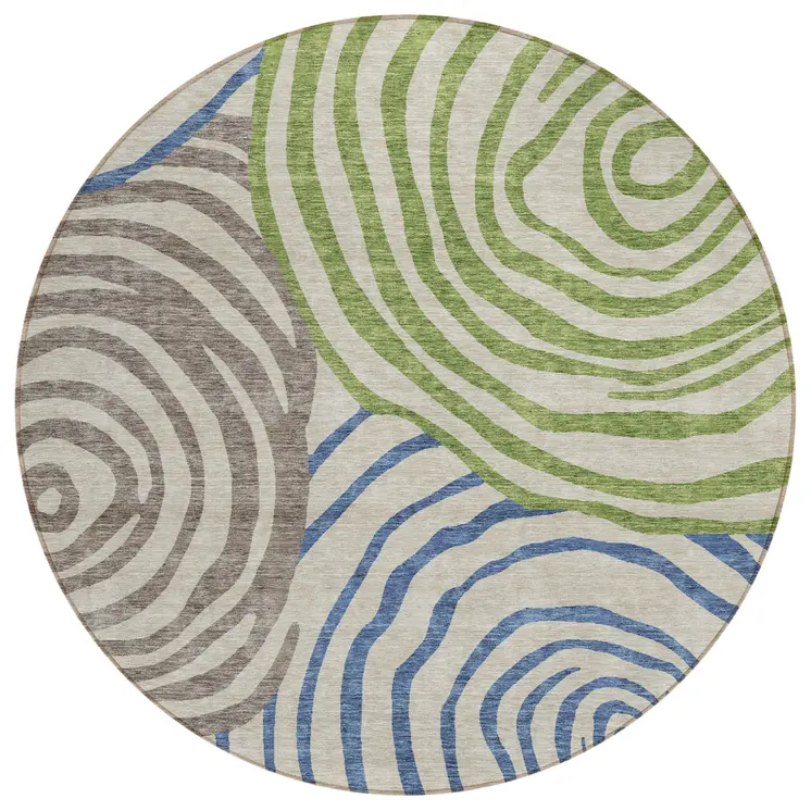 8' Beige Taupe And Green Round Abstract Washable Indoor Outdoor Area Rug