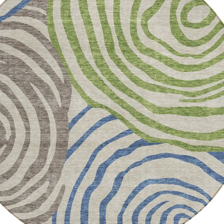 8' Beige Taupe And Green Round Abstract Washable Indoor Outdoor Area Rug