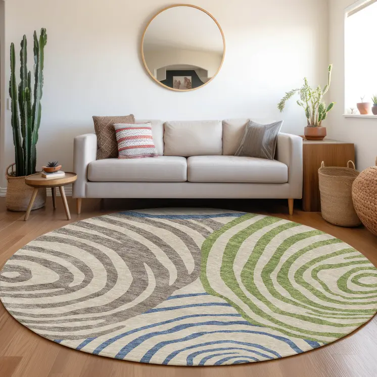 8' Beige Taupe And Green Round Abstract Washable Indoor Outdoor Area Rug
