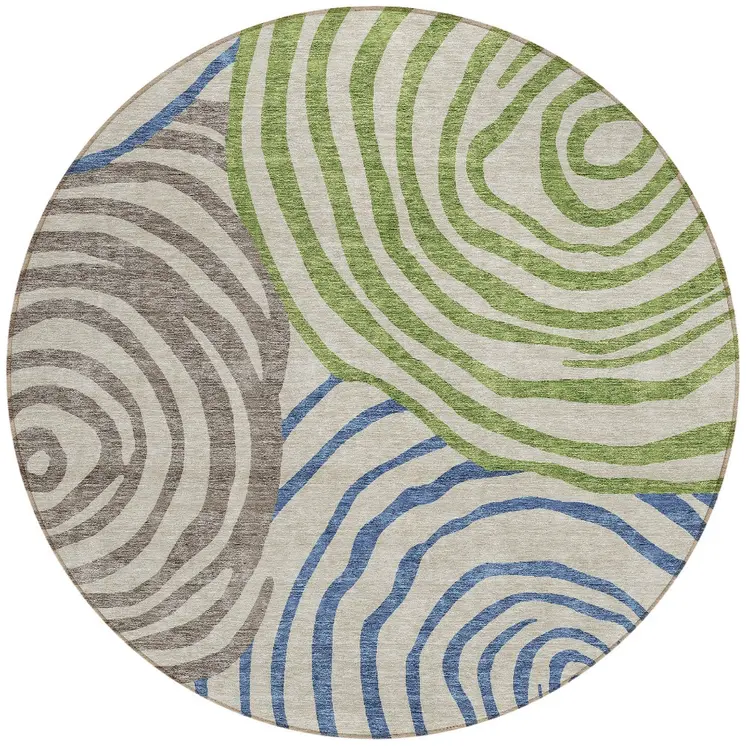 8' Beige Taupe And Green Round Abstract Washable Indoor Outdoor Area Rug