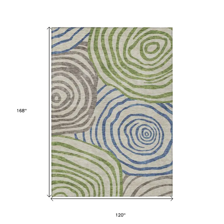 10' X 14' Beige Taupe And Green Abstract Washable Indoor Outdoor Area Rug