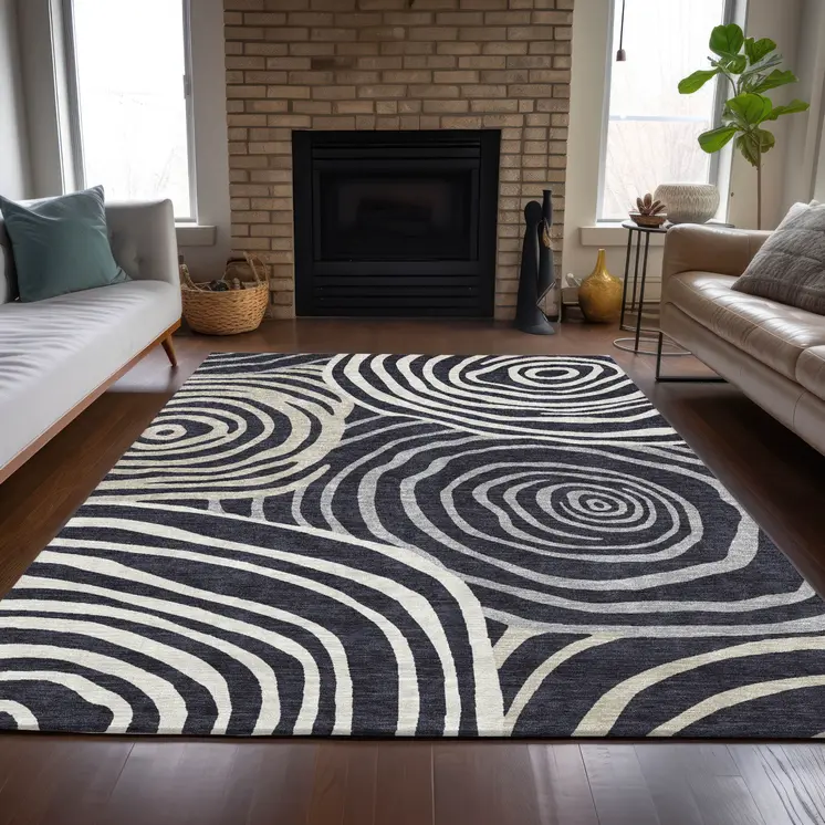 3' X 5' Black Charcoal And Gray Abstract Washable Indoor Outdoor Area Rug