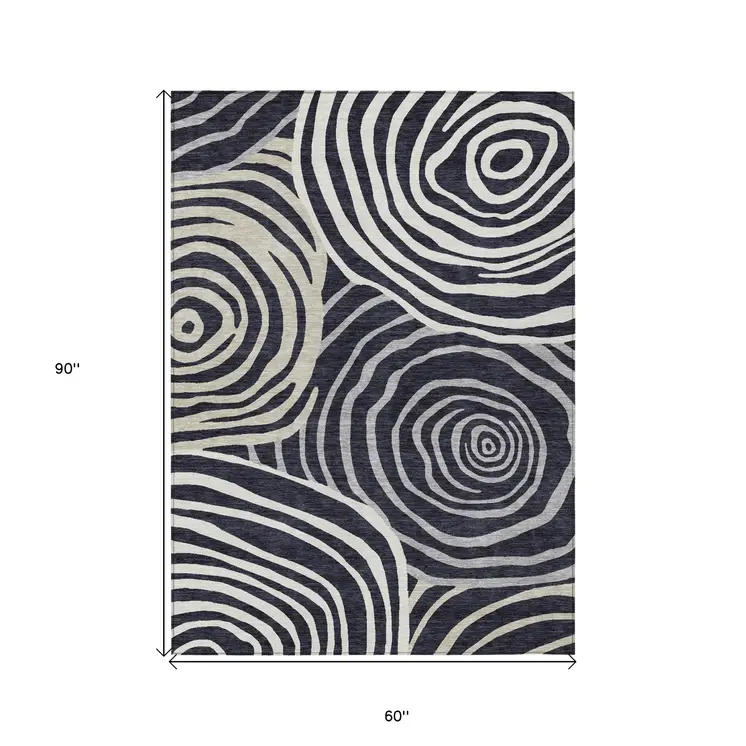 5' X 8' Black Charcoal And Gray Abstract Washable Indoor Outdoor Area Rug