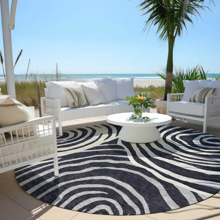 8' Black Charcoal And Gray Round Abstract Washable Indoor Outdoor Area Rug