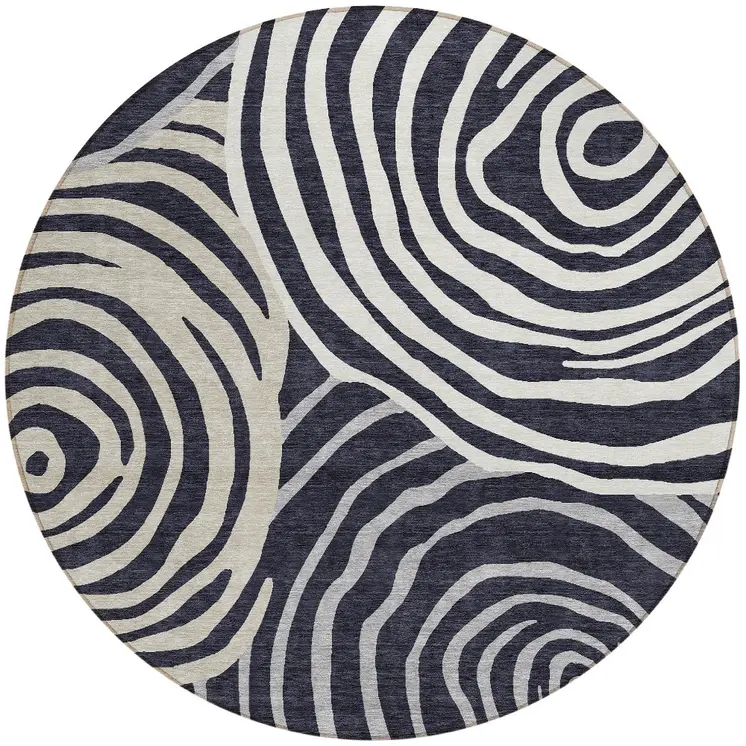 8' Black Charcoal And Gray Round Abstract Washable Indoor Outdoor Area Rug
