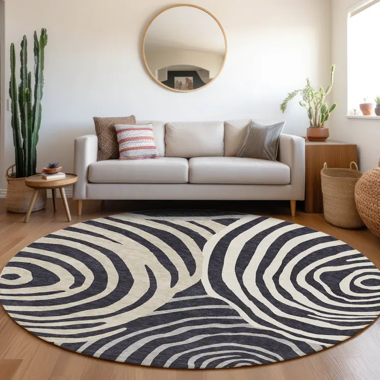 8' Black Charcoal And Gray Round Abstract Washable Indoor Outdoor Area Rug