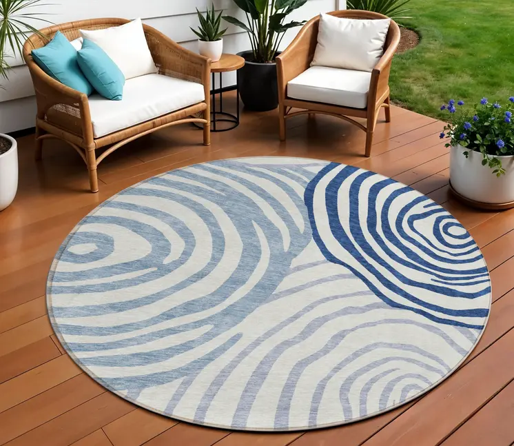 8' Ivory And Navy Blue Round Abstract Washable Indoor Outdoor Area Rug