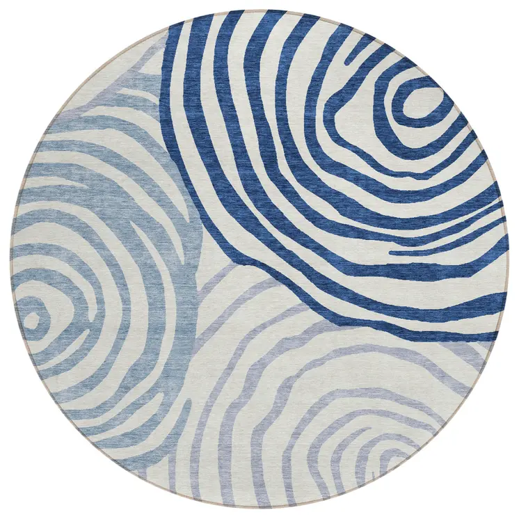 8' Ivory And Navy Blue Round Abstract Washable Indoor Outdoor Area Rug
