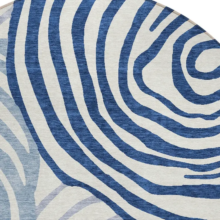 8' Ivory And Navy Blue Round Abstract Washable Indoor Outdoor Area Rug