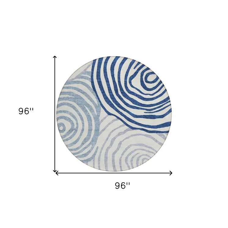 8' Ivory And Navy Blue Round Abstract Washable Indoor Outdoor Area Rug