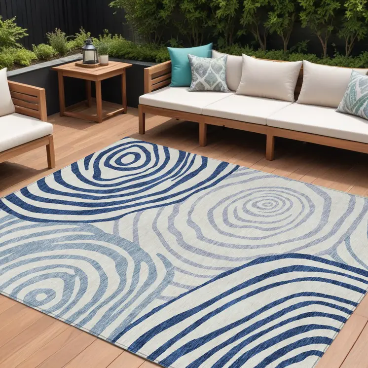 8' X 10' Ivory And Navy Blue Abstract Washable Indoor Outdoor Area Rug