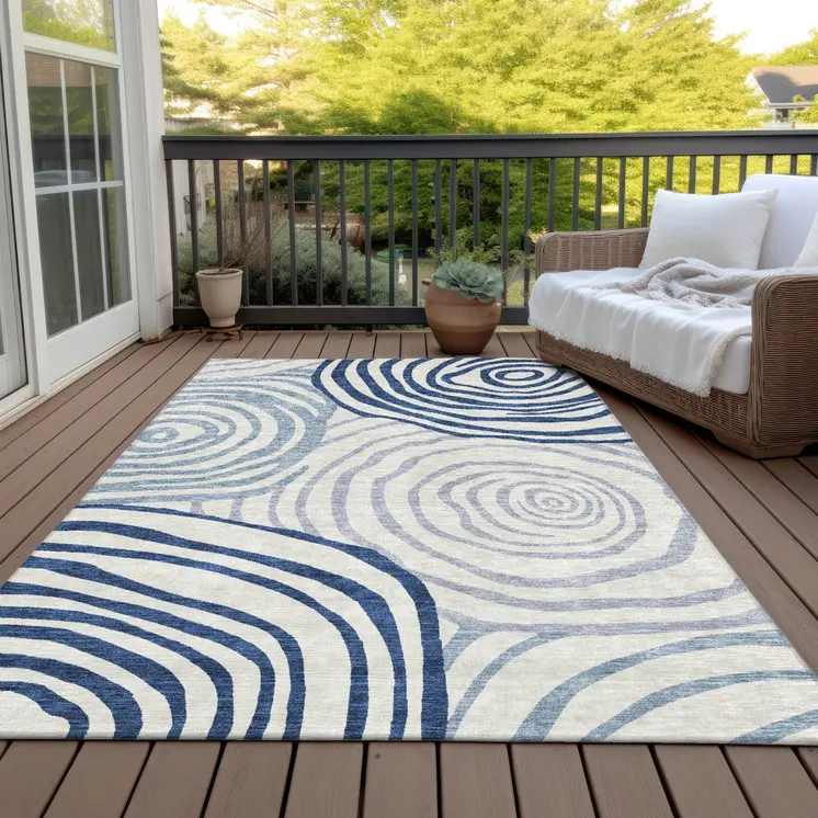 8' X 10' Ivory And Navy Blue Abstract Washable Indoor Outdoor Area Rug