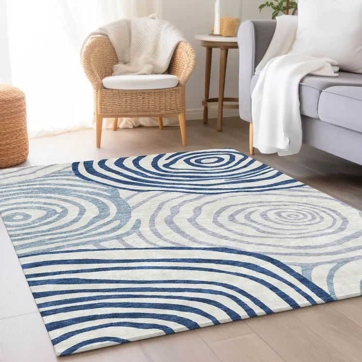8' X 10' Ivory And Navy Blue Abstract Washable Indoor Outdoor Area Rug