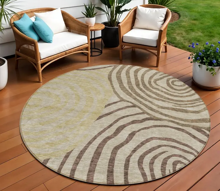 8' Brown Taupe And Beige Round Abstract Washable Indoor Outdoor Area Rug