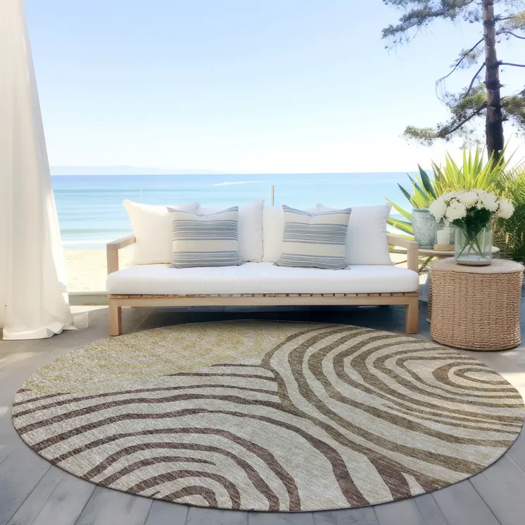 8' Brown Taupe And Beige Round Abstract Washable Indoor Outdoor Area Rug