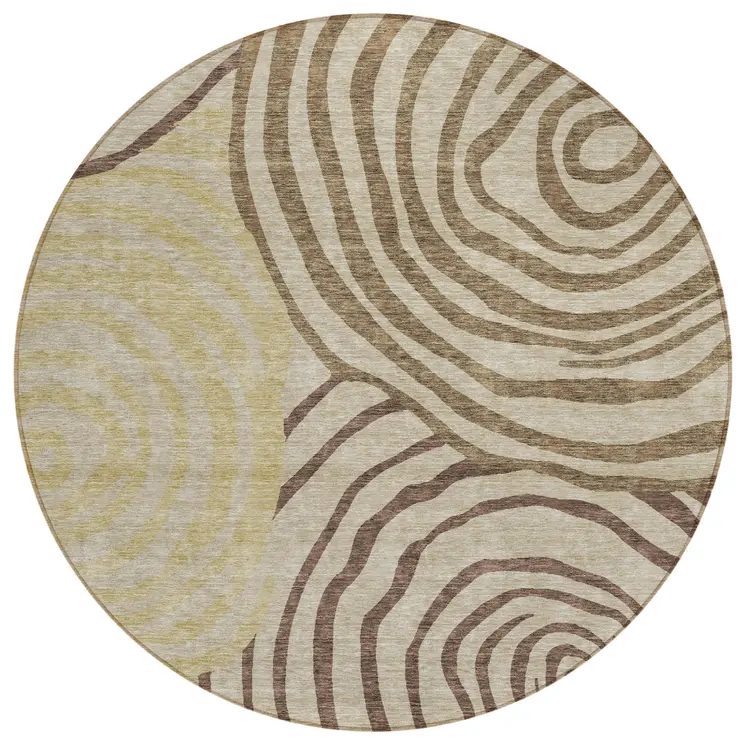 8' Brown Taupe And Beige Round Abstract Washable Indoor Outdoor Area Rug