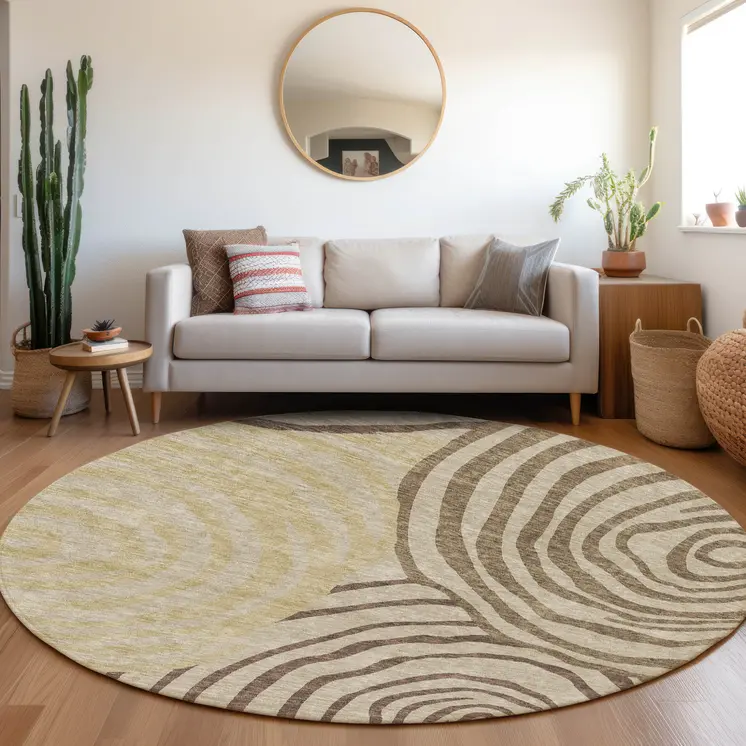 8' Brown Taupe And Beige Round Abstract Washable Indoor Outdoor Area Rug