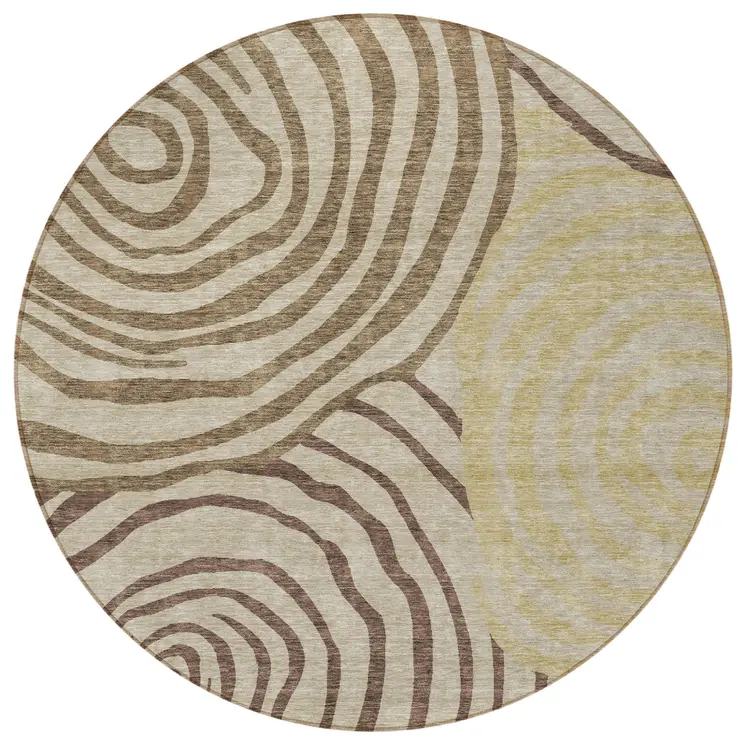 8' Brown Taupe And Beige Round Abstract Washable Indoor Outdoor Area Rug