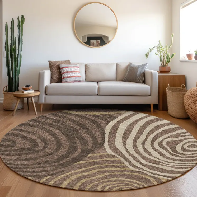 8' Brown And Taupe Round Abstract Washable Indoor Outdoor Area Rug