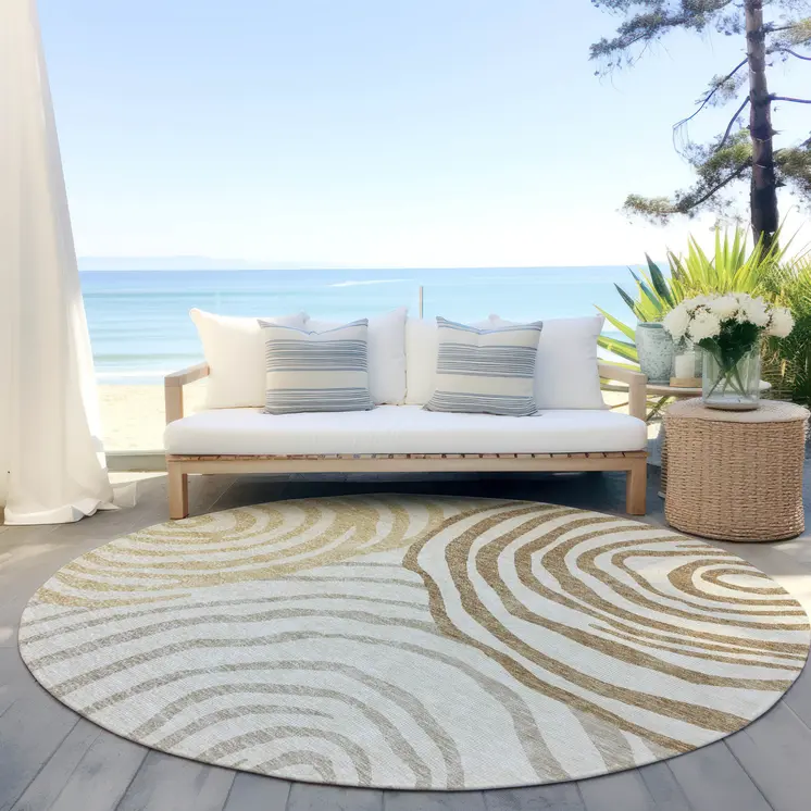 8' Gold Ivory And Beige Round Abstract Washable Indoor Outdoor Area Rug