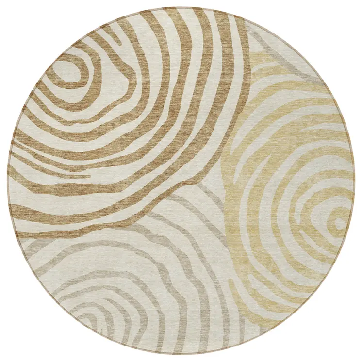 8' Gold Ivory And Beige Round Abstract Washable Indoor Outdoor Area Rug