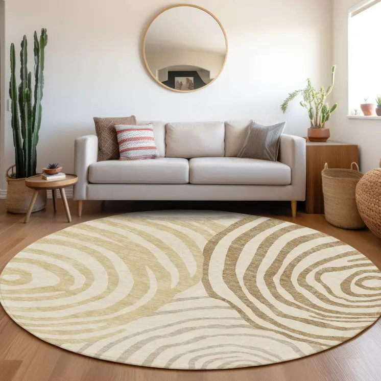 8' Gold Ivory And Beige Round Abstract Washable Indoor Outdoor Area Rug
