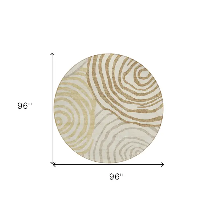 8' Gold Ivory And Beige Round Abstract Washable Indoor Outdoor Area Rug