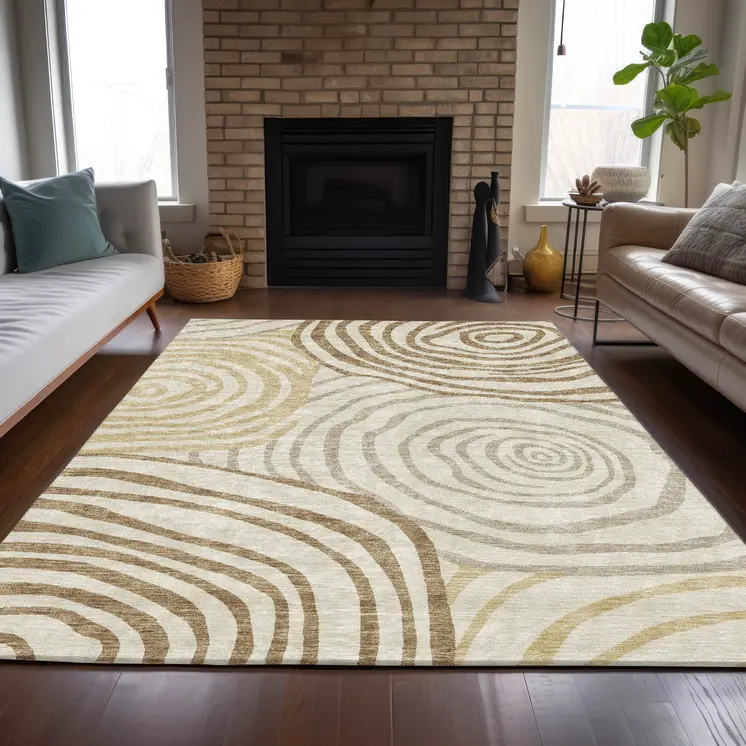 8' X 10' Gold Ivory And Beige Abstract Washable Indoor Outdoor Area Rug