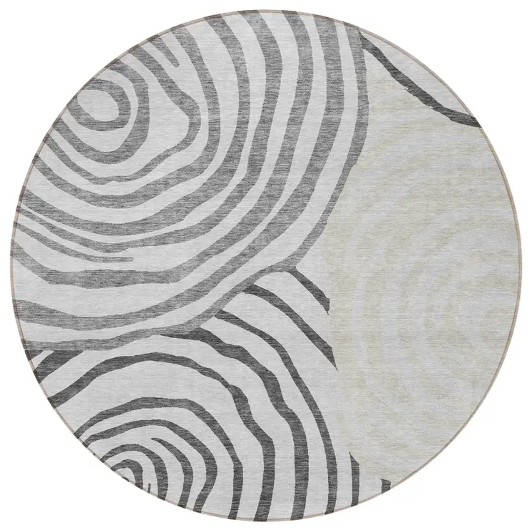 8' Gray Charcoal And Silver Round Abstract Washable Indoor Outdoor Area Rug