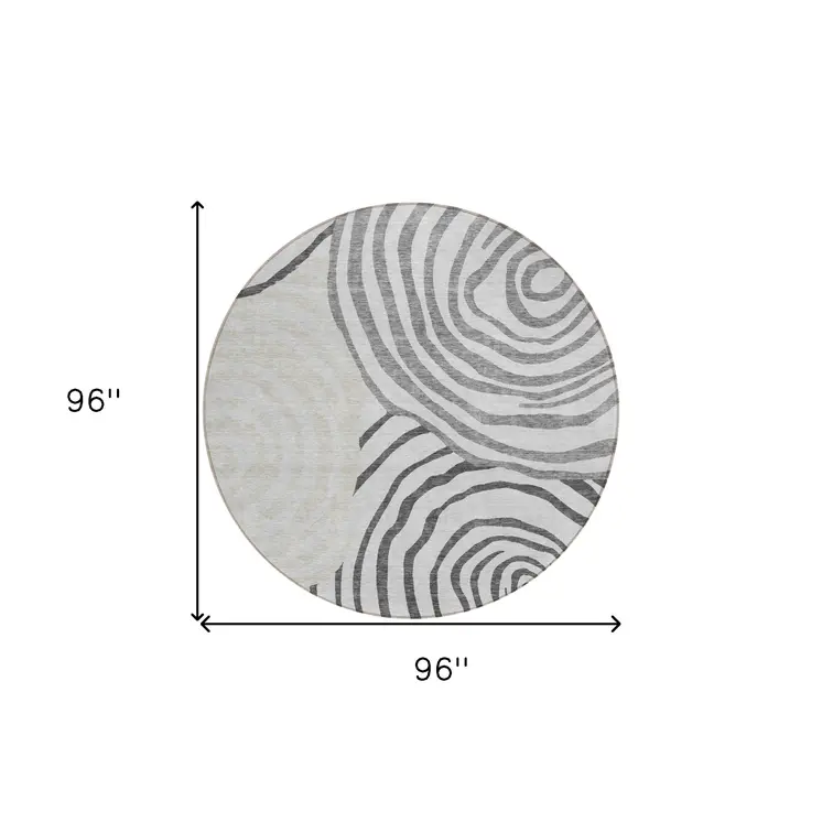 8' Gray Charcoal And Silver Round Abstract Washable Indoor Outdoor Area Rug