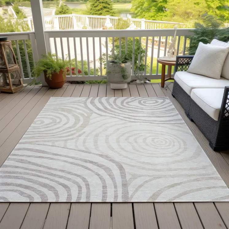 3' X 5' Ivory Beige And Khaki Abstract Washable Indoor Outdoor Area Rug