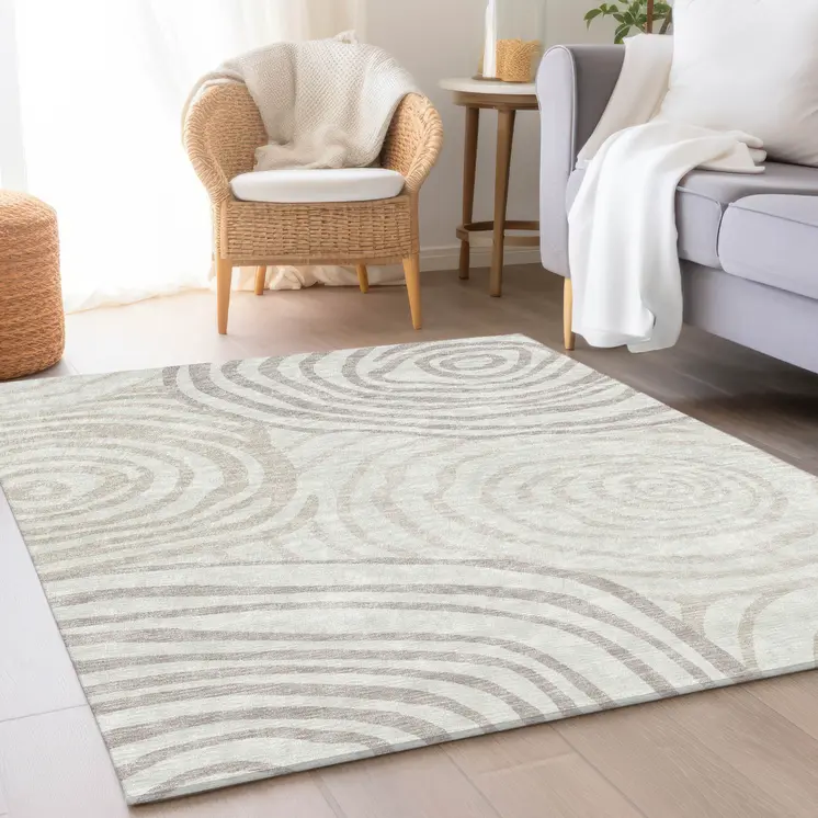3' X 5' Ivory Beige And Khaki Abstract Washable Indoor Outdoor Area Rug