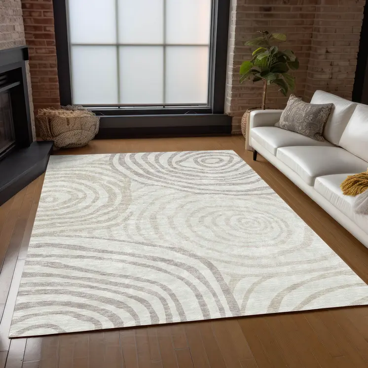 3' X 5' Ivory Beige And Khaki Abstract Washable Indoor Outdoor Area Rug