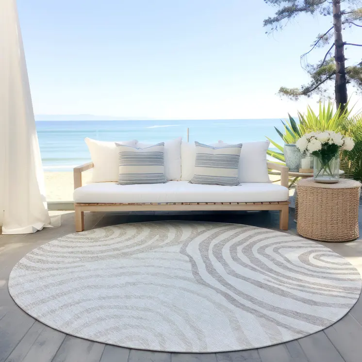 8' Ivory Beige And Khaki Round Abstract Washable Indoor Outdoor Area Rug