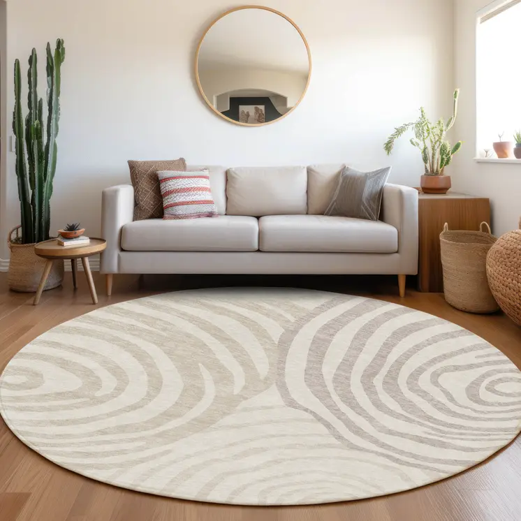 8' Ivory Beige And Khaki Round Abstract Washable Indoor Outdoor Area Rug