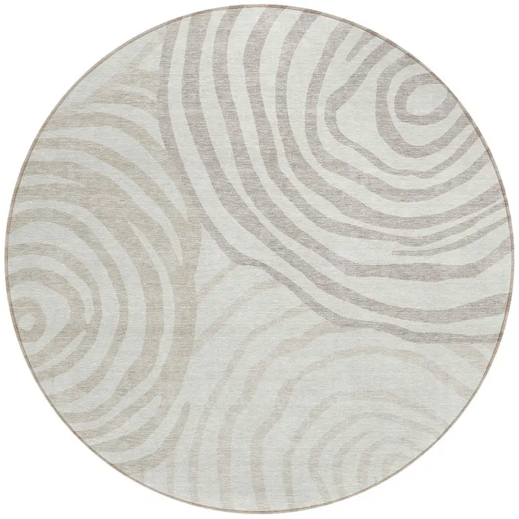 8' Ivory Beige And Khaki Round Abstract Washable Indoor Outdoor Area Rug