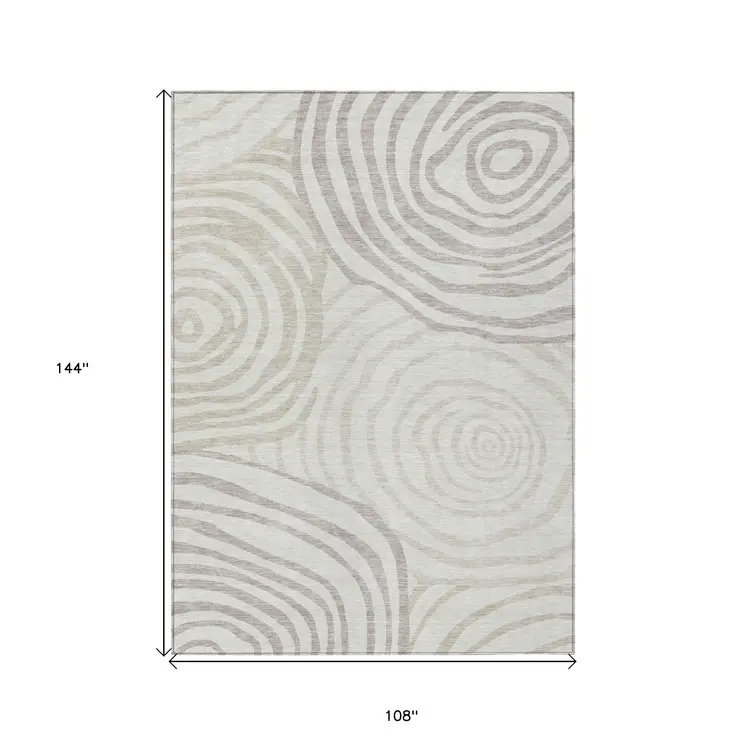 9' X 12' Ivory Beige And Khaki Abstract Washable Indoor Outdoor Area Rug