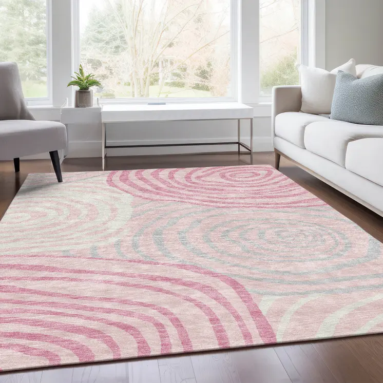 3' X 5' Pink Ivory And Gray Abstract Washable Indoor Outdoor Area Rug