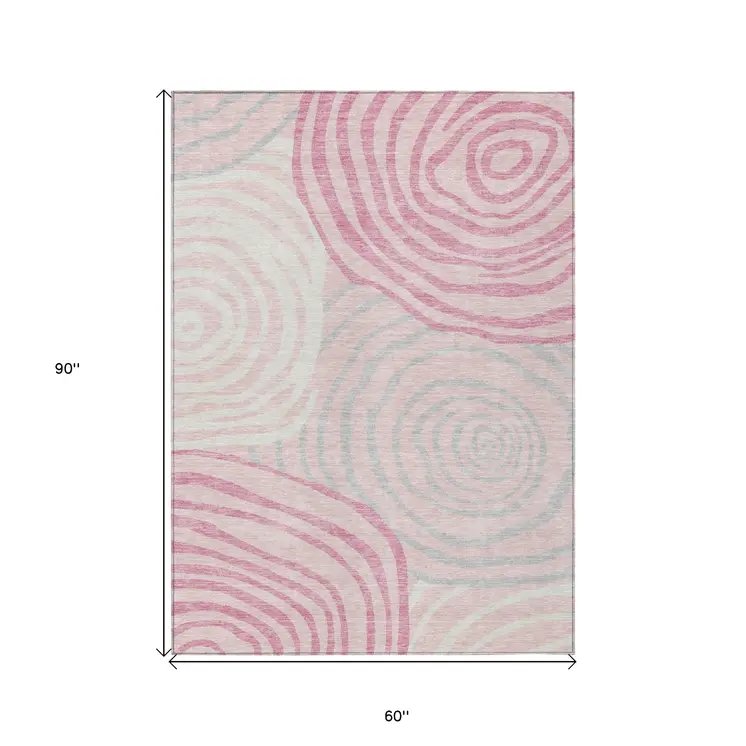 5' X 8' Pink Ivory And Gray Abstract Washable Indoor Outdoor Area Rug