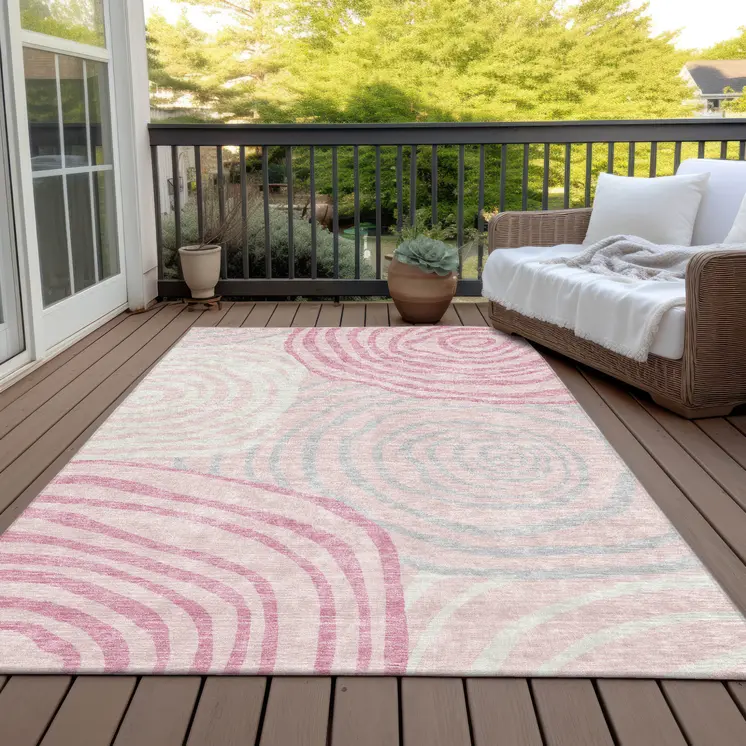 5' X 8' Pink Ivory And Gray Abstract Washable Indoor Outdoor Area Rug
