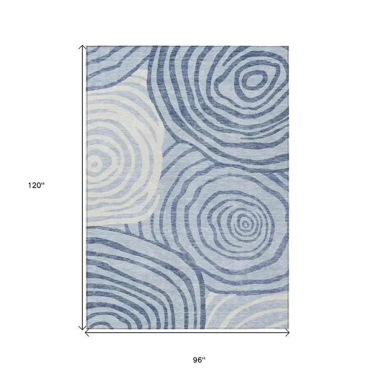 8' X 10' Sky Blue Denim Blue And Ivory Abstract Washable Indoor Outdoor Area Rug